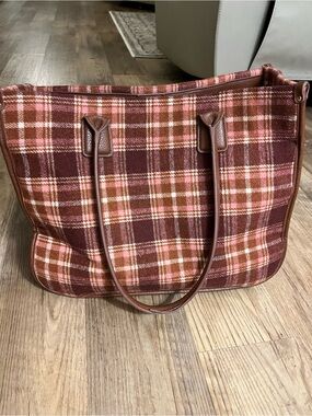 Time and Tru Brown and Pink Plaid Tote Bag